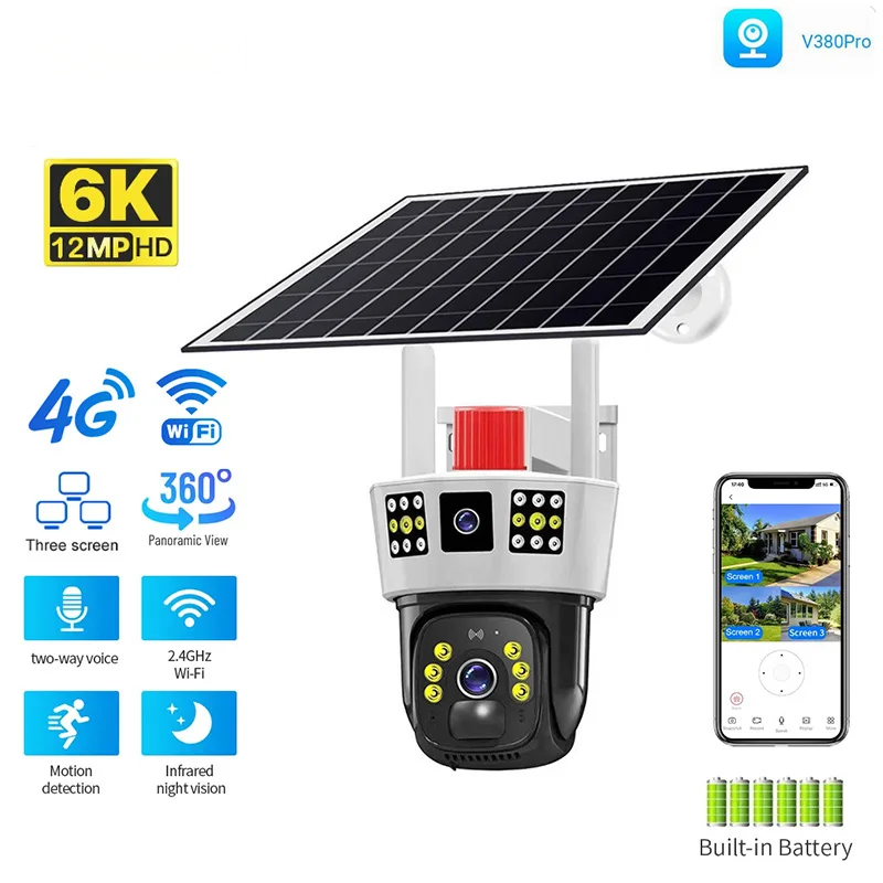 Yourogen 3 Screens, Dual Lens V380 Pro 12MP 6K PTZ 4G SIM Card Solar Powered  Waterproof Solar, WIFI