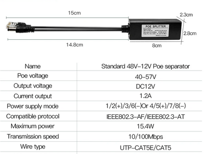 Yourogen Standard POE Splitter 48V to 5V 12V 1.2A 2.2A Micro USB tpye-C 100M/1000M POE Camera Injector Power Supply