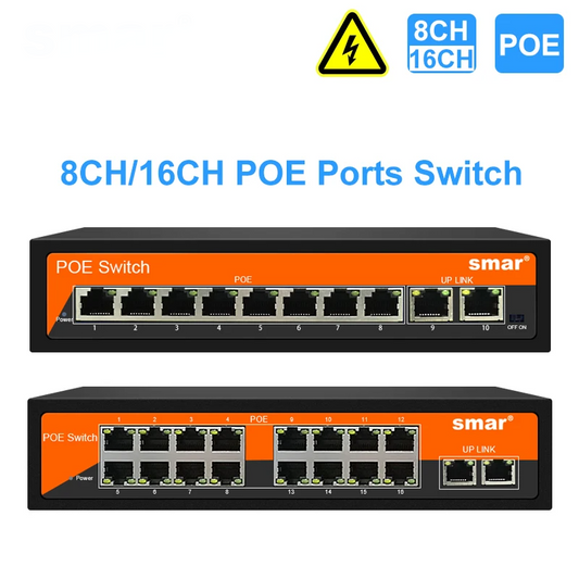 Yourogen  Switch Ethernet 10/100Mbps 48V 8/16 Ports POE IEEE 802.3 af/at for IP Camera System/Wireless