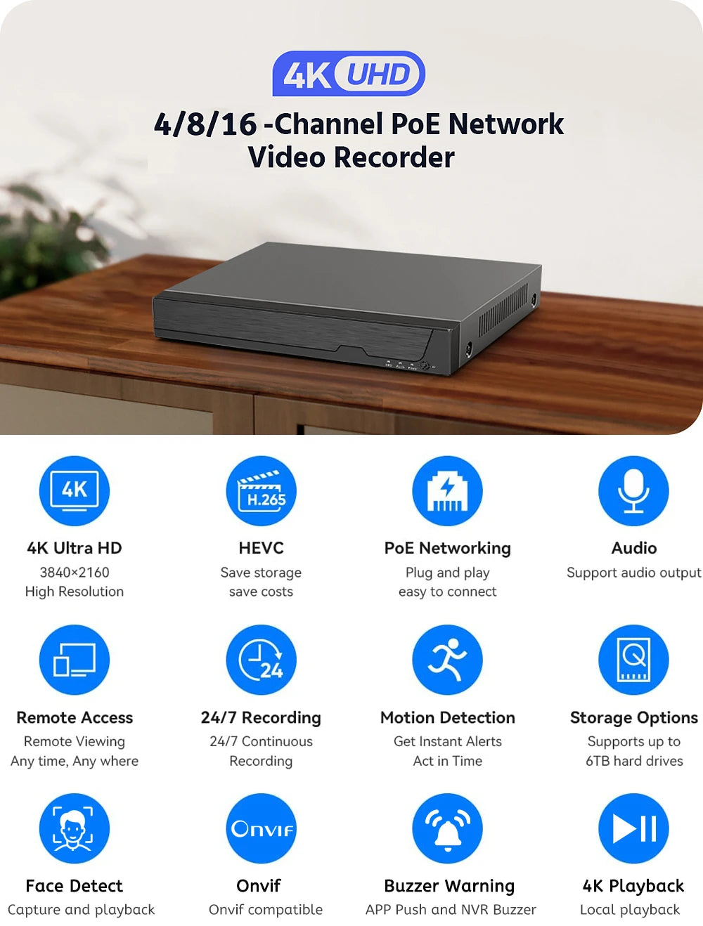 Yourogen network Video Recorder, 16CH (16-Port PoE) 4K IP Cameras with HDD