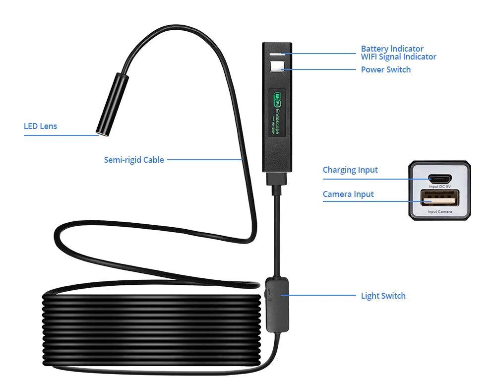 Yourogen 1200P Wi-Fi Endoscope Camera Waterproof Inspection Snake Mini Camera USB Borescope for Car for iPhone & Android Smartphone