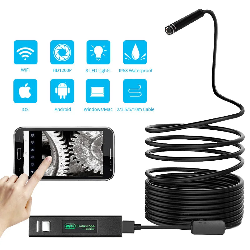 Yourogen 1200P Wi-Fi Endoscope Camera Waterproof Inspection Snake Mini Camera USB Borescope for Car for iPhone & Android Smartphone