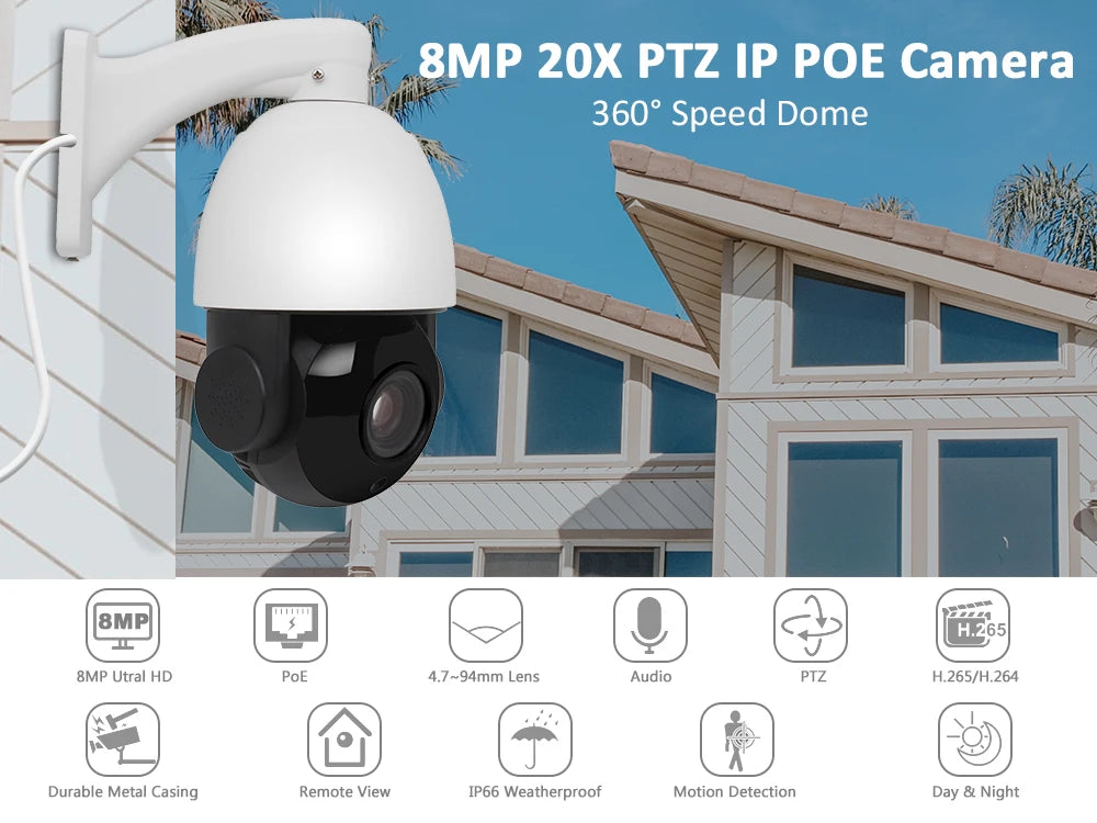 Yourogen 4K 8MP Outdoor PTZ POE IP Camera Security 20X Speed Dome, IR Night Vision