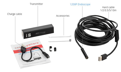 Yourogen 1200P Wi-Fi Endoscope Camera Waterproof Inspection Snake Mini Camera USB Borescope for Car for iPhone & Android Smartphone