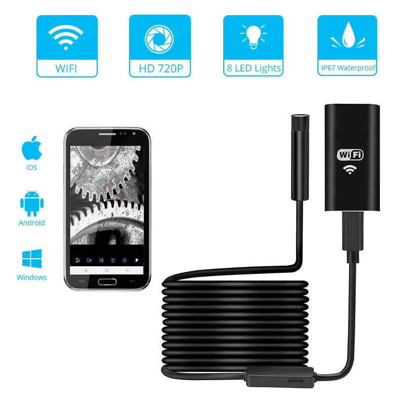 Yourogen 1200P Wi-Fi Endoscope Camera Waterproof Inspection Snake Mini Camera USB Borescope for Car for iPhone & Android Smartphone