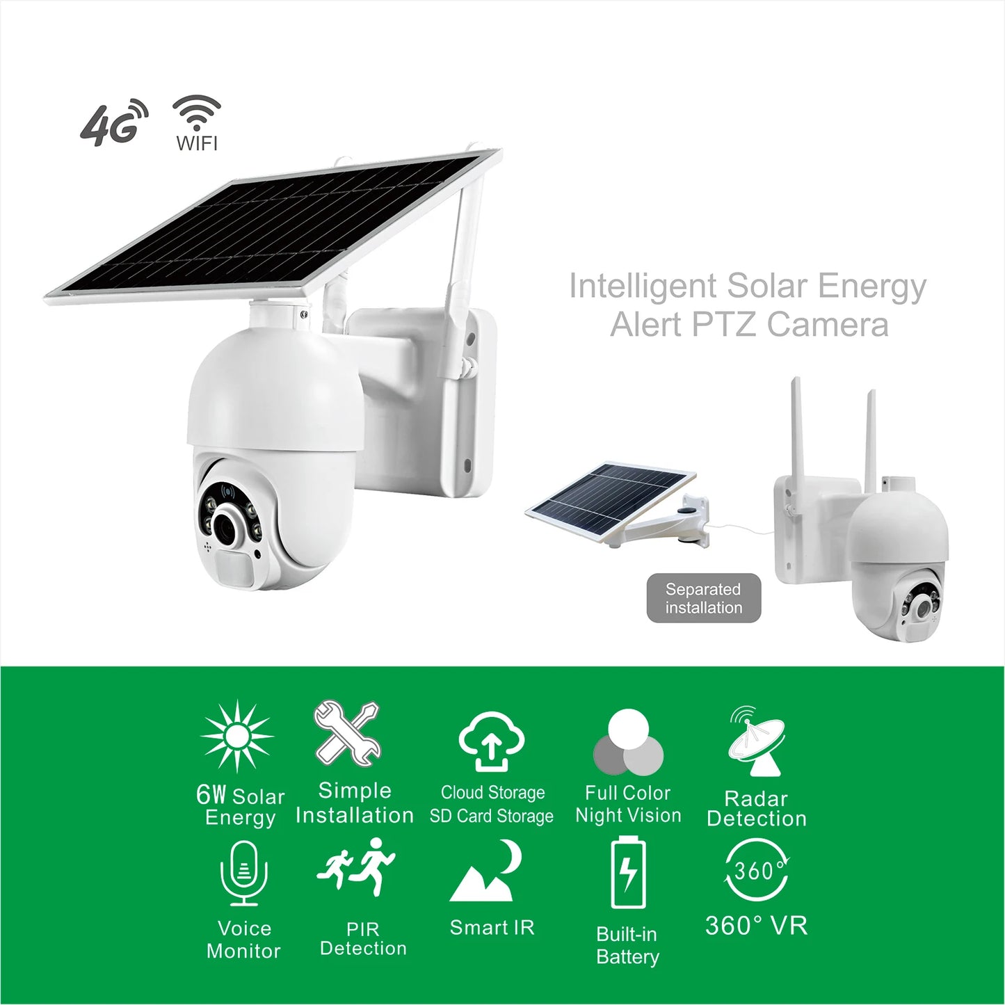 Yourogen  Solar Camera Surveillance CCTV  Two-Way Voice Intrusion Alarm PTZ IP, Wifi / 4G Version 1080P