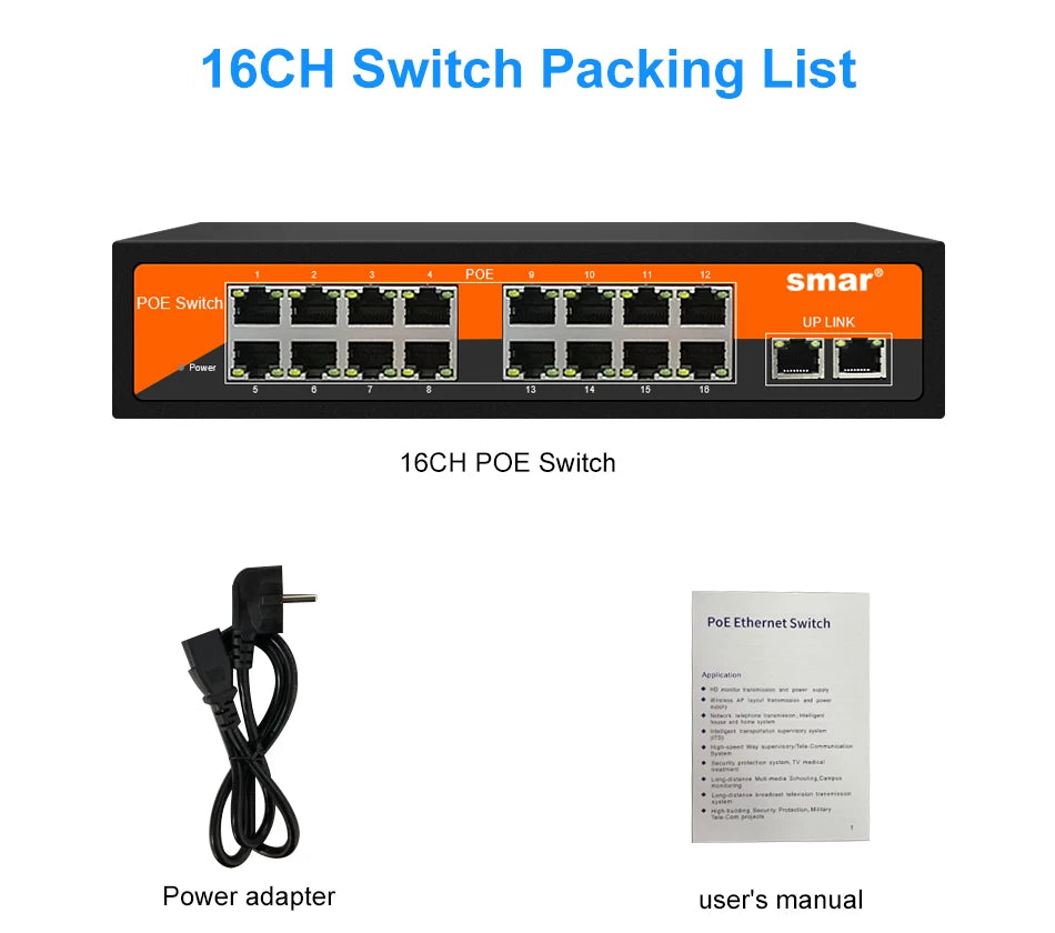 Yourogen  Switch Ethernet 10/100Mbps 48V 8/16 Ports POE IEEE 802.3 af/at for IP Camera System/Wireless