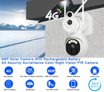 Yourogen Solar Camera, SIM Card 4G, 4K, 8MP, Two-way Audio 360° Camera PIR Detection