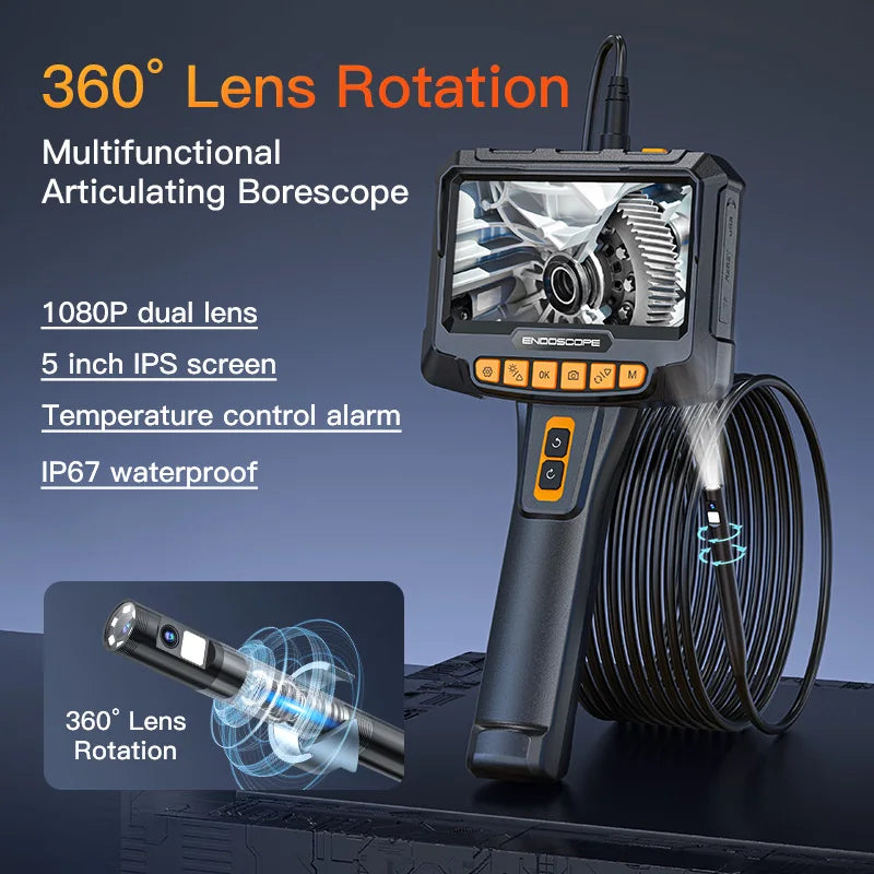 Yourogen Industrial Endoscope 360° Auto Rotation Camera Steering Dual Lens 5'' Screen Inspection Borescope Rigid Cable