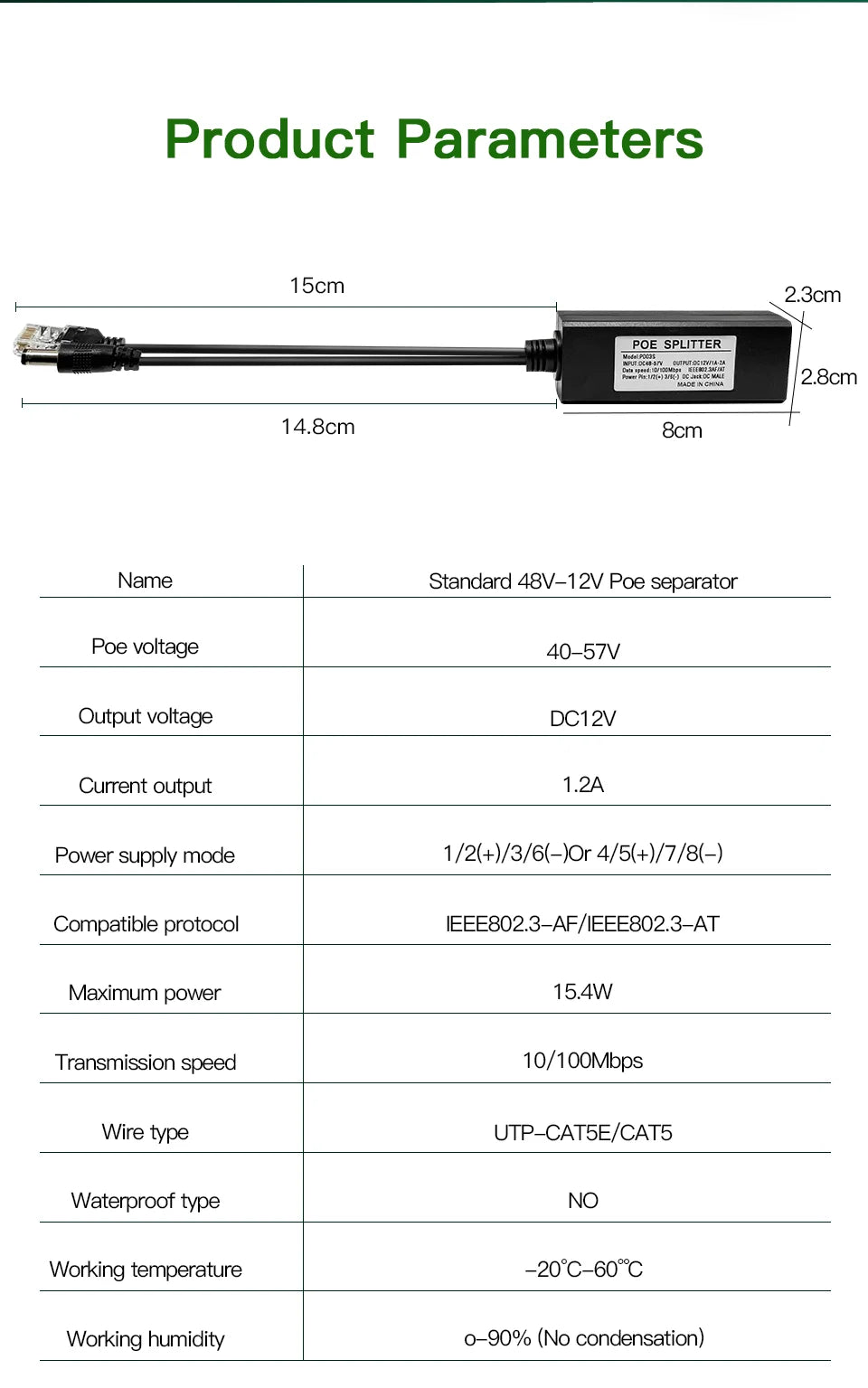 Yourogen Standard POE Splitter 48V to 5V 12V 1.2A 2.2A Micro USB tpye-C 100M/1000M POE Camera Injector Power Supply