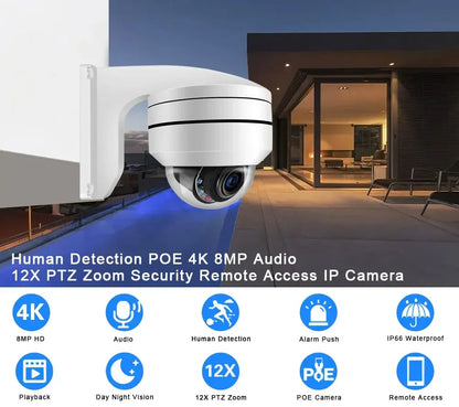 Yourogen 4K 8MP Optical POE PTZ Camera Outdoor 12X Zoom IR Night Vision