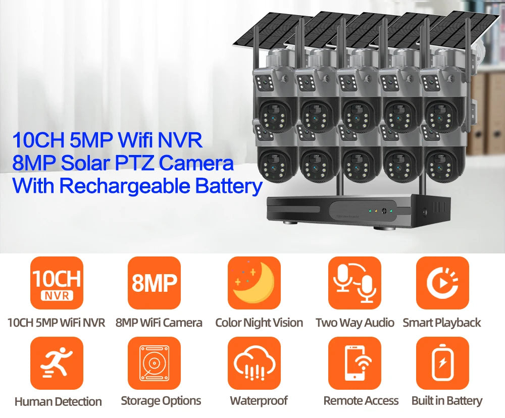 Yourogen Solar Cameras Kit, 8MP, 10CH, 4K, Wireless, Auto Tracking