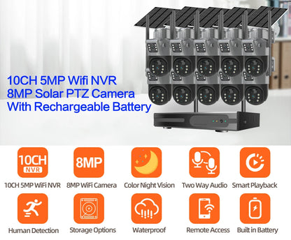 Yourogen Solar Cameras Kit, 8MP, 10CH, 4K, Wireless, Auto Tracking