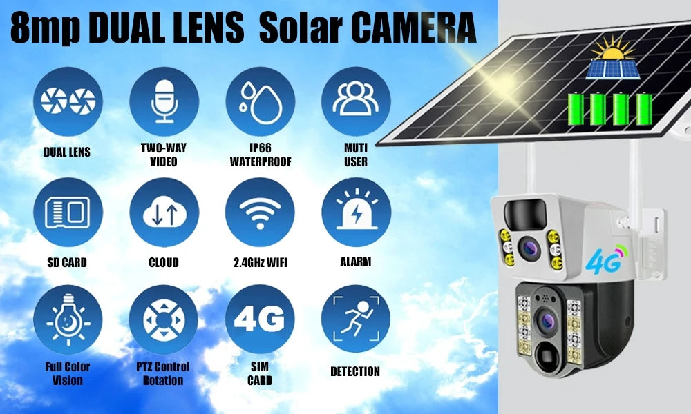 Yourogen 4G SIM Card, V380 Pro, IP66, Waterproof, 8MP solar camera, PIR Night Vision Dual Lens