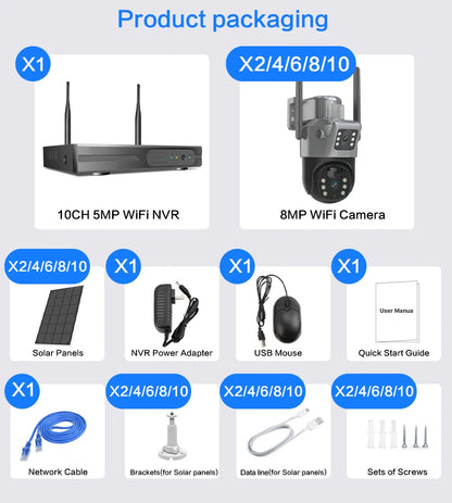 Yourogen Solar Cameras Kit, 8MP, 10CH, 4K, Wireless, Auto Tracking