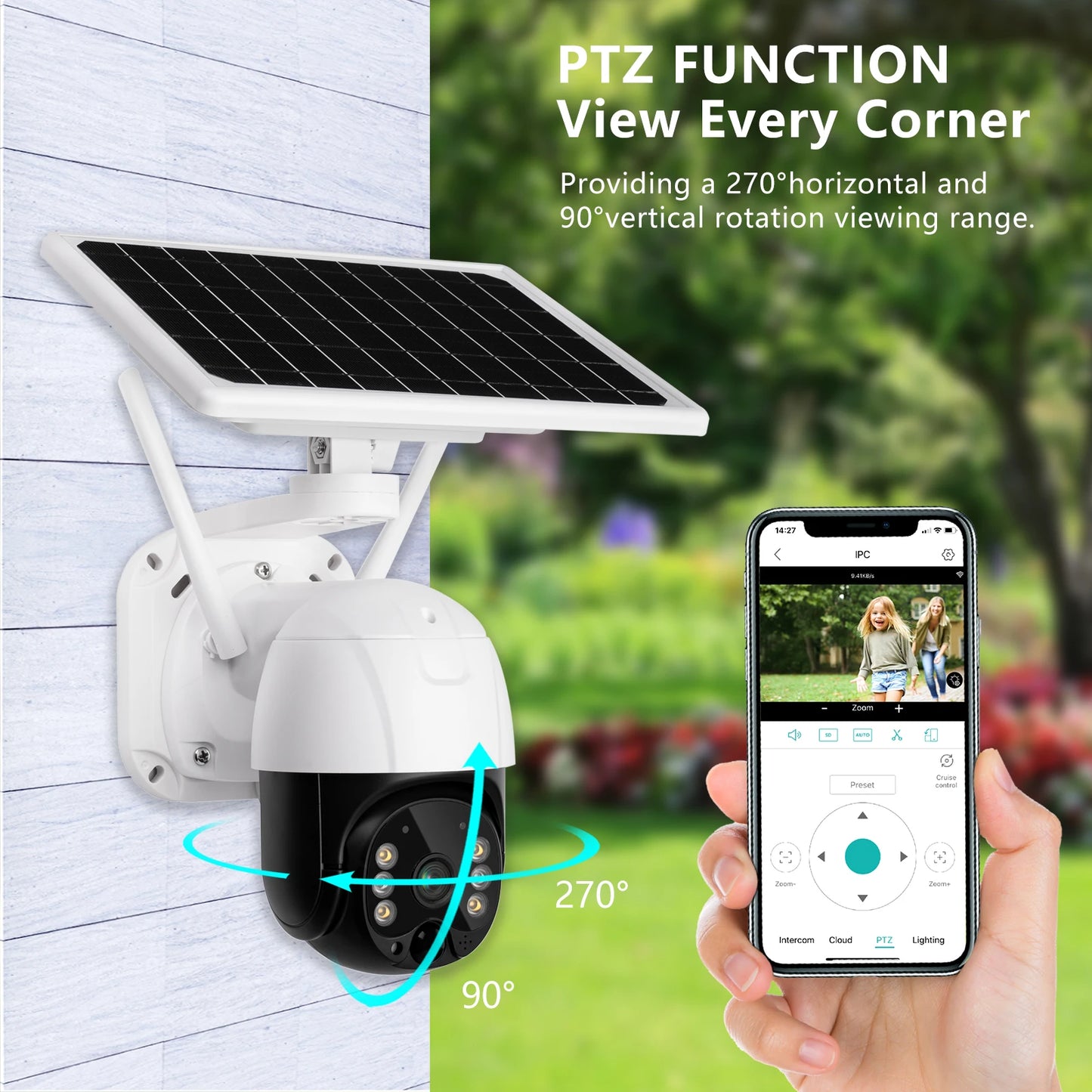 Yourogen  Solar Wifi/4G PTZ Camera Two-Way Audio Humanoid Motion Detection 4X digital zoom IP66 outdoor waterproof Monitor