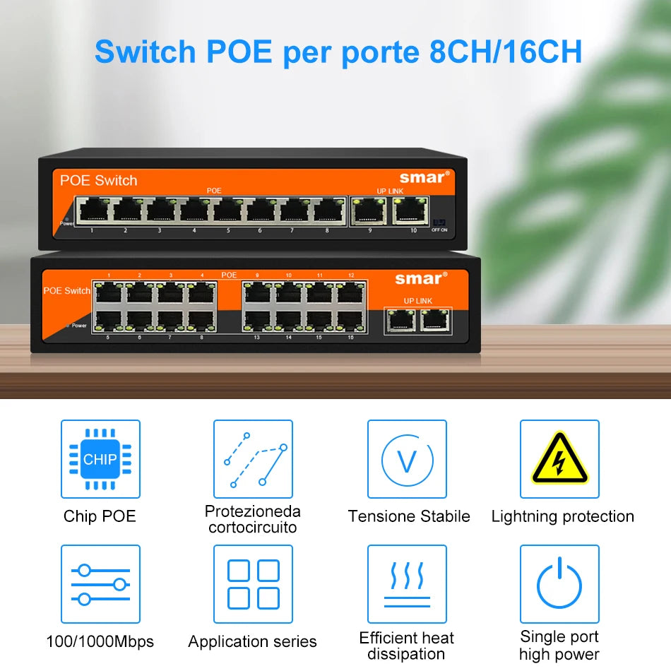 Yourogen  Switch Ethernet 10/100Mbps 48V 8/16 Ports POE IEEE 802.3 af/at for IP Camera System/Wireless