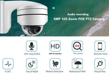 Yourogen 5MP POE PTZ Security Camera Outdoor Waterproof 12X 10X Zoom with Audio Record