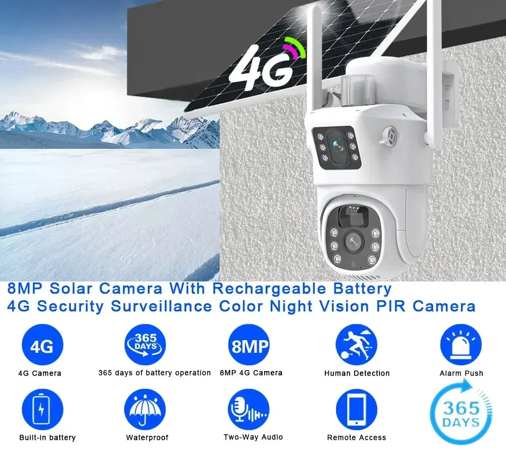 Yourogen 8MP 4K Dual-Lens 4G SIM Slot IP Wireless Solar PTZ Camera