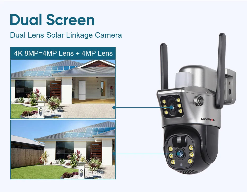 Yourogen Wifi IP Camera 4K 8MP Solar Camera Dual Lens Dual Screen Battery