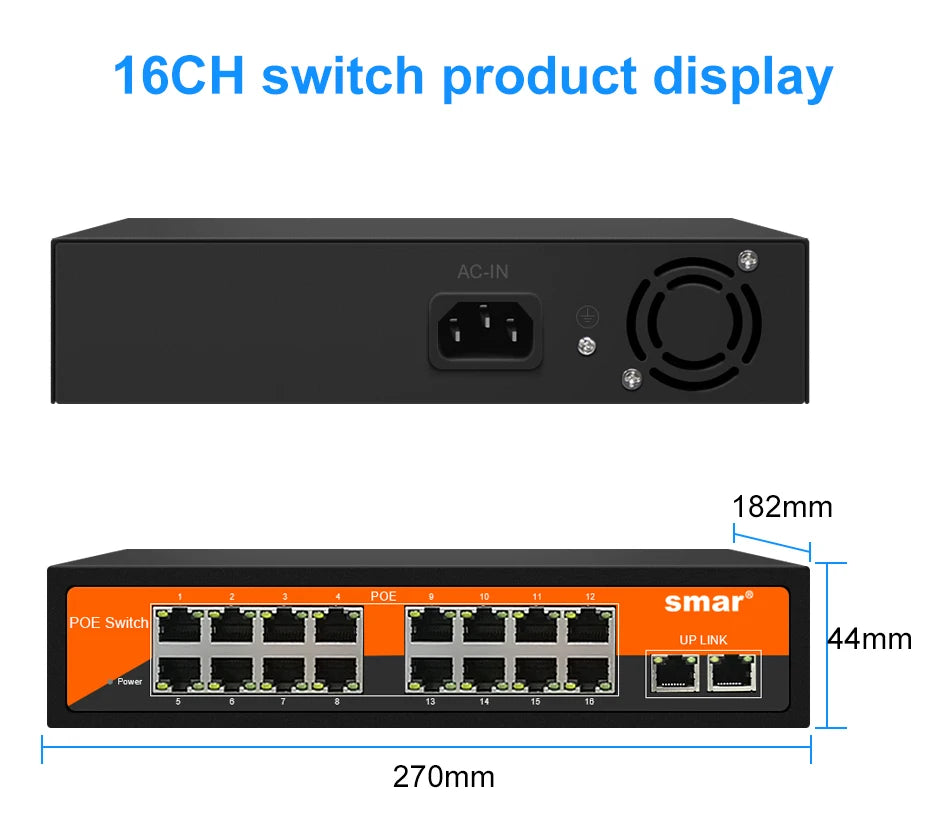 Yourogen  Switch Ethernet 10/100Mbps 48V 8/16 Ports POE IEEE 802.3 af/at for IP Camera System/Wireless