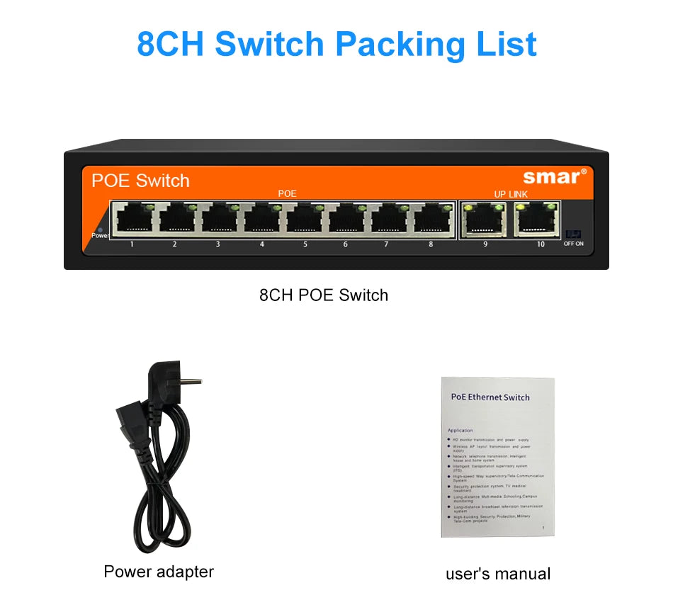 Yourogen  Switch Ethernet 10/100Mbps 48V 8/16 Ports POE IEEE 802.3 af/at for IP Camera System/Wireless