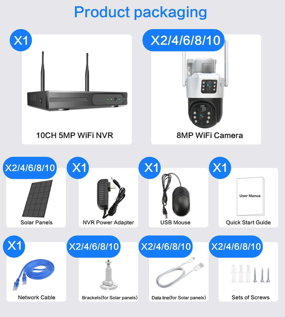 Yourogen 4K Solar wifi Camera Security System, 5MP, 10CH, 2 Way Audio, Battery Powered PTZ IP Camera Set