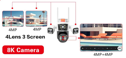 Yourogen  WiFi IP Camera Outdoor 6K Four Lens Three Screens Human Auto Tracking 8K 16MP 10X Zoom