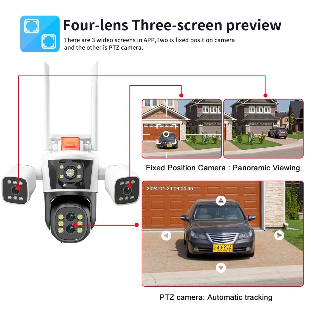 Yourogen WiFi Camera 10X Zoom, 8K, 16MP, Four Lens Outdoor, IP Camera, Auto Tracking, Waterproof