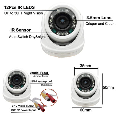 Yourogen Mini Dome Surveillance Security Camera 960H 1200TVL HD 12LEDs IR-CUT 3.6mm waterproof Armour