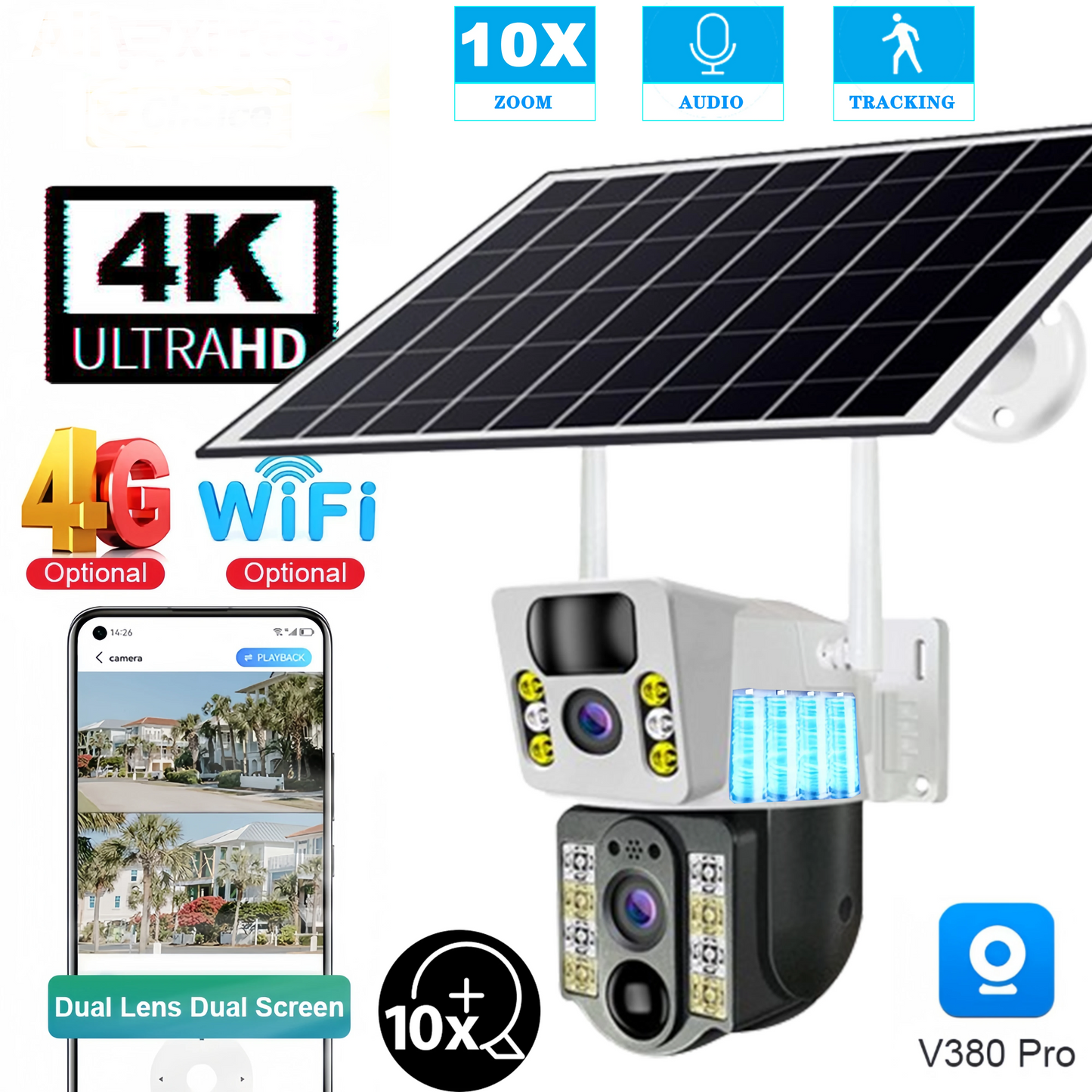 Yourogen 4G SIM Card, V380 Pro, IP66, Waterproof, 8MP solar camera, PIR Night Vision Dual Lens