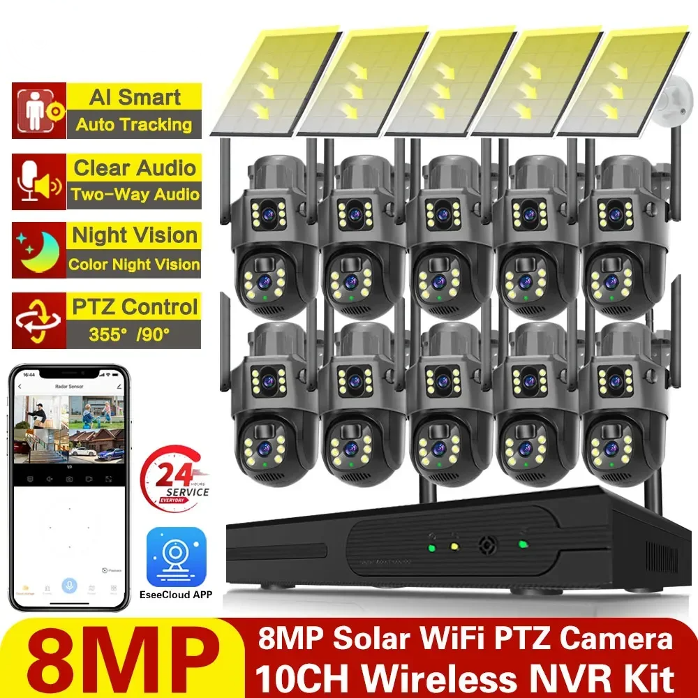 Yourogen 4K 8MP Solar Power Battery Charged Wifi PTZ IP Cameras Kit 8MP 10CH Wireless